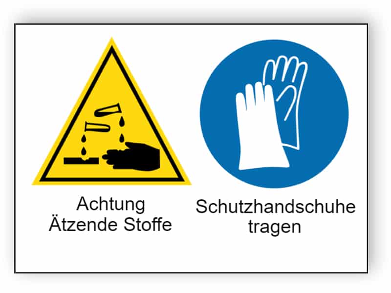 Achtung Ätzende Stoffe / Schutzhandschuhe tragen