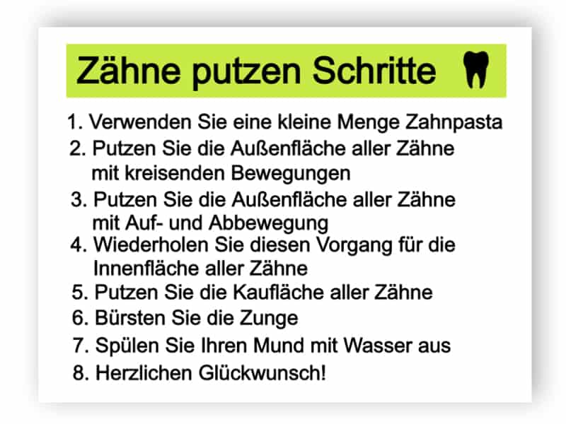 Zähne putzen Schritte Schild