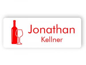 Weißes und rotes Namensschild für Kellner